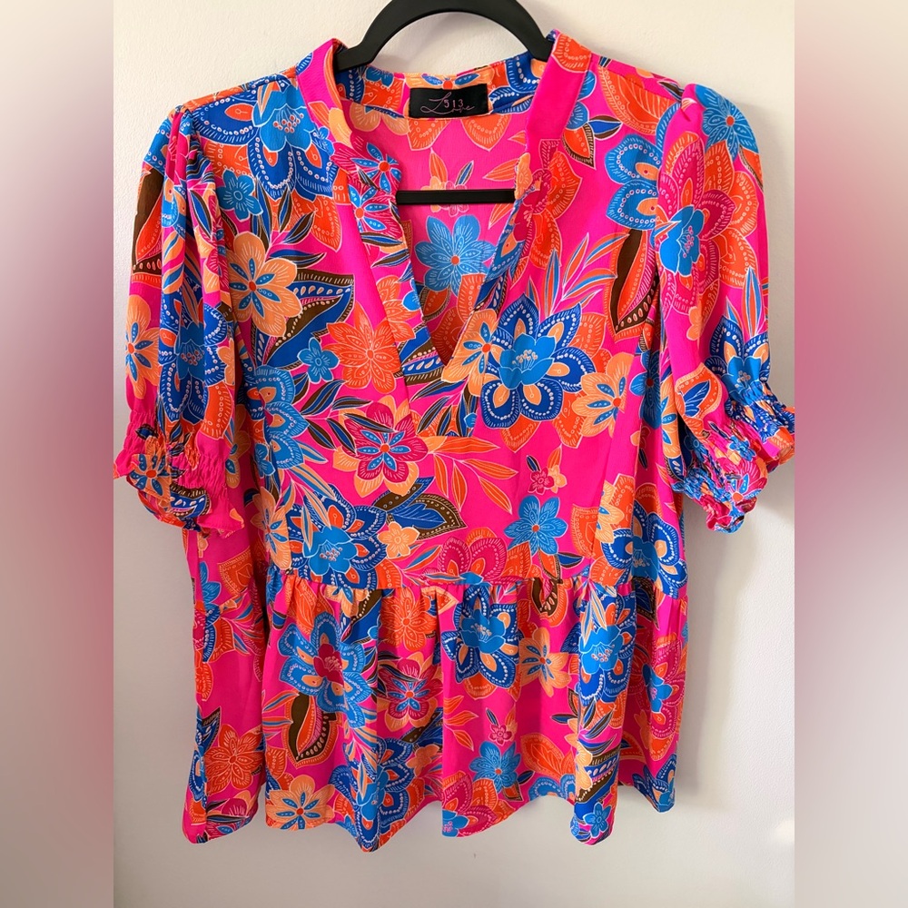 Bright Pink Floral V-Neck Peplum Blouse